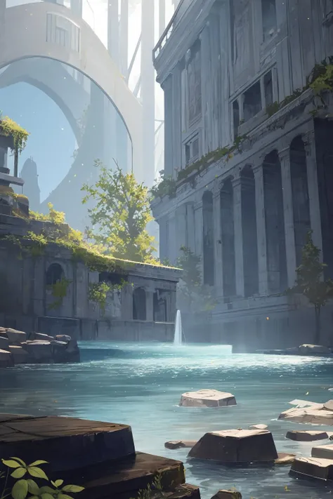 extreme quality, cg, photorealistic, (bright colors:0.9), light, elemental, water magic, blue, water, magical, righteous, (outdoors), masterpiece, 8k, (tone mapping, hyper focus:0.5), limited palette, (dappled sunlight:0.7), reflective surface, orange, wholesome, (varied depth of field:0.8), complimentary colors, particle dust, green embers, (ancient), (pyramid:0.7), flood, (vegetation), plants, (destiny 2:1.25), (no humans:1.5), (neon cyber technology:1.27), (architecture:0.8), magical, ruins, (catacomb:0.7), ripples, granite, detailed texture, flower, marble, vine