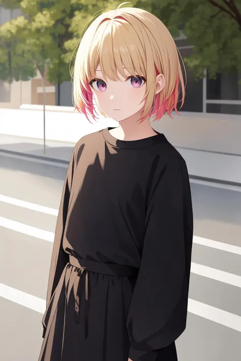 (masterpiece:1.1), (highest quality:1.1), (HDR:1.0), 1girl, solo, outdoors, multicolored hair, short hair, blonde hair, pink hair, red eyes