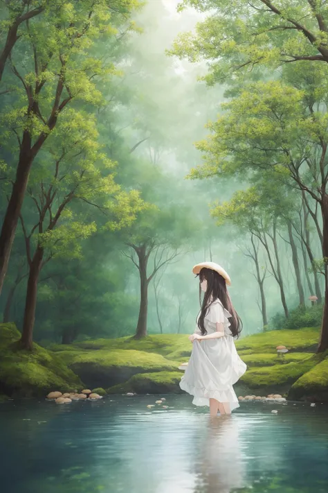 jellyfish forest, 1girl, mushroom, dress, long hair, scenery, white dress, solo, nature, water, wading, outdoors, tree, standing, black hair, fantasy, forest