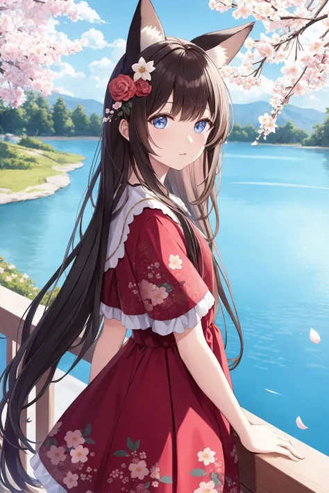 (masterpiece:1.1), (best quality:1.2), highres, original, extremely detailed wallpaper, official art, looking at viewer, 1girl, solo, animal ears, long hair, bangs, dress, floral print, hair ornament, hair flower, cherry blossoms, flower, petals, tree, day, outdoors, branch, lake, water, blue sky, rose, cloud, river