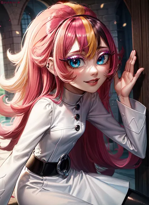 ((best quality)), ((highly detailed)), masterpiece, absurdres, detailed face, beautiful face, (detailed eyes, deep eyes), <lora:more_details:.3>, (1girl), dynamic pose, cowboy shot, <lora:hairdetailer:.7>, <lora:agentxero-themodifyers:.9>, modxero, multicolored hair, pink hair, long hair, blue eyes, ((eyeshadow, mascara)), long eyelashes, smiling, short dress, white dress, long sleeves, black leggings, knee boots, belt, (inside, in a dungeon)