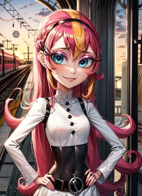 ((best quality)), ((highly detailed)), masterpiece, absurdres, detailed face, beautiful face, (detailed eyes, deep eyes), (1girl), dynamic pose, cowboy shot, <lora:agentxero-themodifyers:.9>, modxero, multicolored hair, pink hair, long hair, blue eyes, ((eyeshadow, mascara)), long eyelashes, smiling, short dress, white dress, long sleeves, black leggings, knee boots, belt, (indoors, in a train)