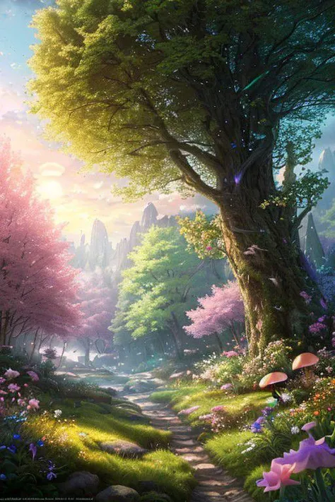 masterpiece, best quality, high quality,extremely detailed CG unity 8k wallpaper, An enchanting and dreamy scene of a fantasy forest, with towering trees, glowing mushrooms, and hidden fairy glens, creating a sense of mystique and enchantment, artstation, digital illustration, intricate, trending, pastel colors, oil paiting, award winning photography, Bokeh, Depth of Field, HDR, bloom, Chromatic Aberration ,Photorealistic,extremely detailed, trending on artstation, trending on CGsociety, Intricate, High Detail, dramatic, art by midjourney