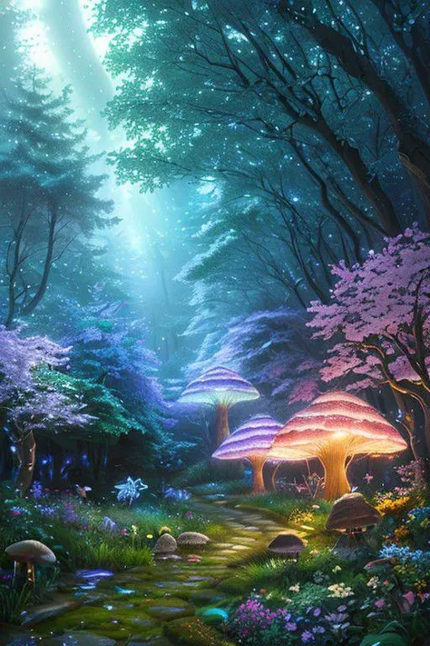 masterpiece, best quality, high quality,extremely detailed CG unity 8k wallpaper, An enchanting and dreamy scene of a fantasy forest, with towering trees, glowing mushrooms, and hidden fairy glens, creating a sense of mystique and enchantment, artstation, digital illustration, intricate, trending, pastel colors, oil paiting, award winning photography, Bokeh, Depth of Field, HDR, bloom, Chromatic Aberration ,Photorealistic,extremely detailed, trending on artstation, trending on CGsociety, Intricate, High Detail, dramatic, art by midjourney