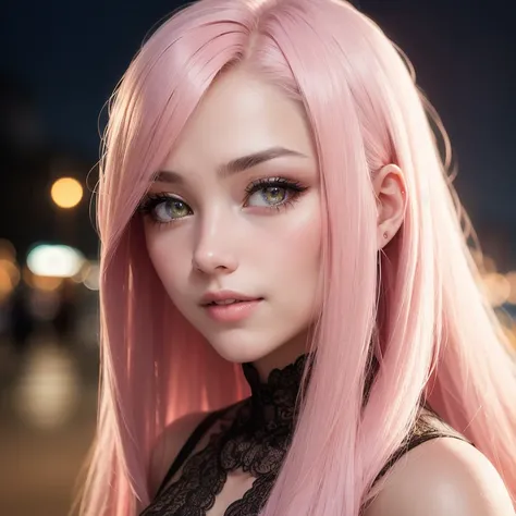beautiful Kitsune girl wearing black dress, she has waist length pink hair, pink kitsune cat ear, pale white skin, beautiful flirting eyes, high nose, slim face,v-line chin, black high neck dress, neck wearing a necklace, city background, close face image