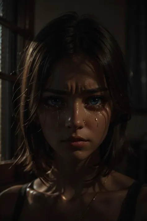 realistic, photo-realistic, dark moody lighting,1girl looking outside a window, perfect face, perfect eyes, (tears:1.2)