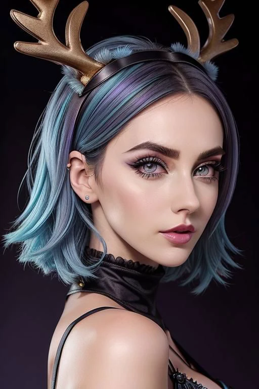 a woman with blue hair, beautiful grey eyes, sharp bob cut, tucked behind one ear, high cheekbones, sharp jawline, wearing a yellow dress, angelawhite, amouranth as a super villain, amouranth, jessica nigri, bust shot, lola bunny fanart, jessica nigri face!!, violet yers, better known as amouranth, mika pikazo, (bold thick eyebrows:1.2), (mascara:1.15), (eyeliner:1.3), (eyeshadow:1.35), stup1dantl3rs, fake antlers, looking towards the camera, emylie boivin, jaidenanimations, dark blue gradient background