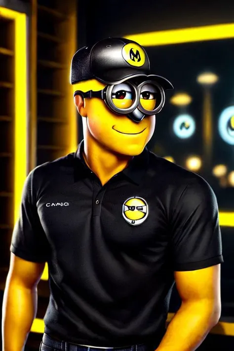 (one minion), (MinionStyle), (portrait | camstill | cinematic stil | photography | photorealistic render),McDonaldsUniform, shirt, black shirt, uniform, black pants, pants, cap