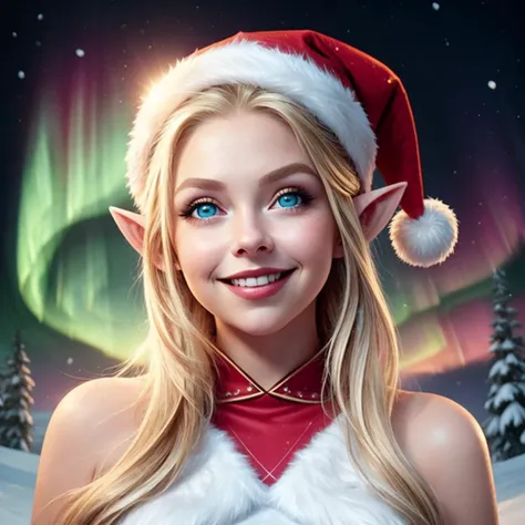absurdres,masterpiece,best quality,<lora:aurora-style-richy-v1:0.8>,aurorastyle,fcHeatPortrait,1girl,solo,upper body,<lora:jinx_v1:0.7>,ambitious elf outfit,santa hat,bright blue eyes,standing,closed mouth,grin,looking at viewer,in front of an igloo,snow,winter,