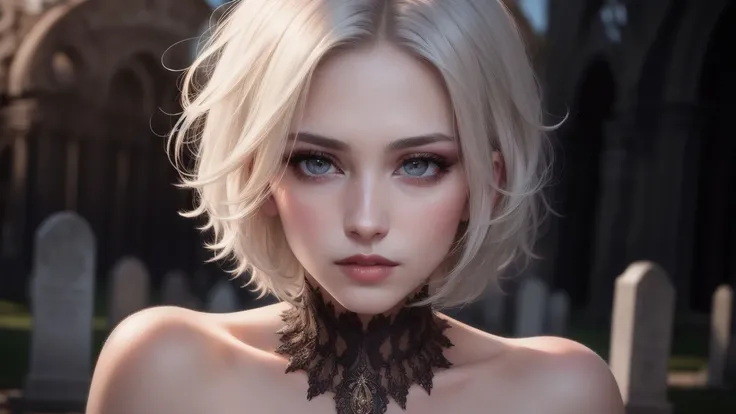 8k, octane render, ((portrait photo)), hdr, intricate details, masterpiece, (realistic, photo-realistic:1.37), 18 years old woman, breast, short straight hair, (white hair), ((oval shaped face:1.6)), big cheeks, pale skin, purple eyes:0.7, wearing gothic clothes, beautiful face, perfect illumination, cemetery background, stunningly beautiful woman, detailed hairstyle, detailed skin, introvert facial expression, ((heavy makeup:1.2))