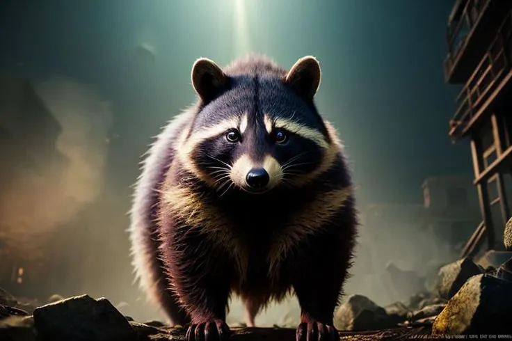 Visions of Hell clockwork animal malicious racoon with emerald eyes jamaican style, masterpiece, fantasy, digital art, highly detailed, overall detail, atmospheric lighting, Awash in a haze of light leaks awesome background, highly detailed styling, studio photo, intricate details, highly detailed, cinematic,