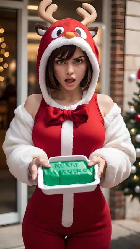 a woman wearing a rudolph the red nosed reindeer costume, angry, holding a giant candy cane, masterpiece, sublime, artistic, best quality, hires,