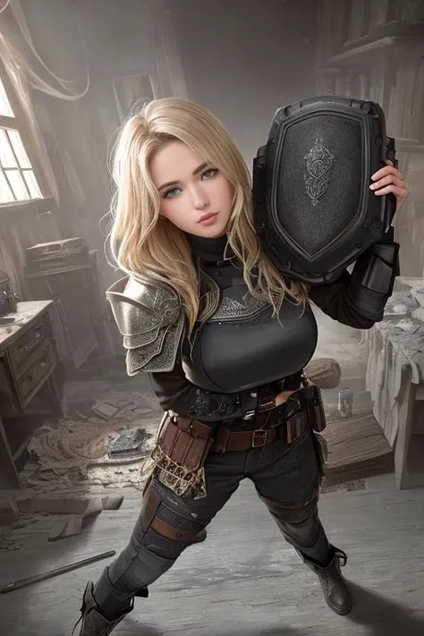 best photo from the exhibition, 35 mm, cell shading, bloom, dark and gloomy (full body:1.5) 8k , female teen , (holds in his hands a combat shield that is not new:1.4), (natural texture of the skin:1.5), scratches on the skin, abrasions, cuts, wounds, examines the shield, (blonde hair:1.3), best photo from the exhibition, 35 mm, stunning, highly detailed, 8k highly detailed face, perfect face shapes, full perfect lips, perfect nose, correct beautiful eyes, eyelashes, eyebrows, Blue yonder hair, at cluttered and messy shack , action shot, tattered torn shirt, porcelain cracked skin, skin pores, detailed intricate iris, very dark lighting, heavy shadows, detailed, detailed face, (vibrant, dramatic, dark, sharp focus, 8k),( background forge:1.3), forge, (smoldering coals:1.1),( more weapons:1.1), (armor scattered:1.1),