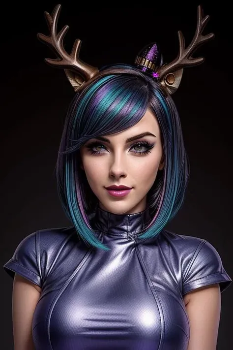 a woman with blue hair, beautiful grey eyes, sharp bob cut, tucked behind one ear, high cheekbones, sharp jawline, wearing a yellow dress, angelawhite, amouranth as a super villain, amouranth, jessica nigri, bust shot, lola bunny fanart, jessica nigri face!!, violet yers, better known as amouranth, mika pikazo, (bold thick eyebrows:1.2), (mascara:1.15), (eyeliner:1.3), (eyeshadow:1.35), stup1dantl3rs, fake antlers, alluring smile, looking towards the camera, emylie boivin, jaidenanimations, dark blue gradient background