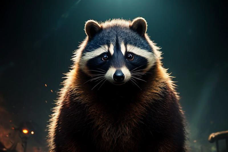 Visions of Hell clockwork animal malicious racoon with emerald eyes jamaican style, masterpiece, fantasy, digital art, highly detailed, overall detail, atmospheric lighting, Awash in a haze of light leaks awesome background, highly detailed styling, studio photo, intricate details, highly detailed, cinematic,