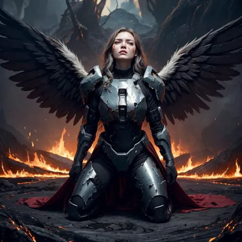 ((ultra detailed, Epic CG masterpiece, best quality)),
{ dark background , ((lava rivers in the background)) }
{ angel:1.2, 25 year old woman, (silver hair), (long hair:1.1) , black steel armored dress, shoulder pads, hopeless expression, ((halo)), ((bloody face)), blood dripping on armor, dripping blood, ((broken | burned | damaged | bloody wings)), severely damaged armor }
{ kneeling, looking up, praying}
<lora:bloodvessel:1>, <lora:add_detail:0.6>