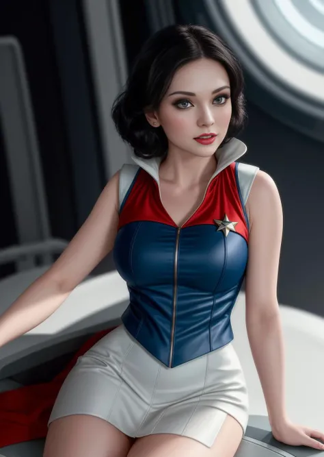 masterpiece, modelshoot style, 8k, realistic, ((photo realistic)), hyper realistic, ultra high quality, Snow White wearing a white sleeveless Starfleet uniform which ends in a short skirt, open vest, white thigh high boots,  on a starship bridge, round face, highly detailed face, military pose <lora:starTrekUniforms_v1:1.5> <lora:SnowWhite_character-20:0.5> <lora:add_detail:1>