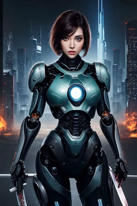 cinematic, detailed and intricate, (cyberpank), fantasy, (sci-fi), a portrait, photo of a robogirl in futuristic city, robot ninja girl, holding katana in hand, android, cybernetic body, sexy pose, attractive, detailed face, beautiful face