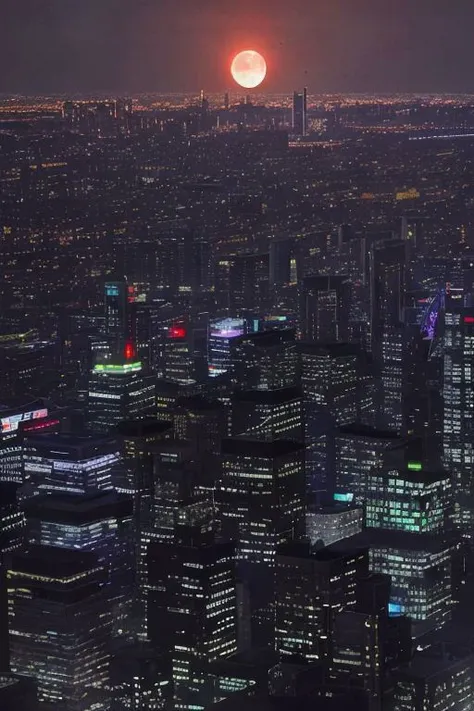 Night, view from the roof of a skyscraper. dark-orange cloud lumened by city, bright moon, dark-gray-purple sky; sky scrapers square and rectangular skyscrapers with white frequent square windows, shades of skyscraper windows: light green, light blue, dark blue, dark turquoise. The roofs of skyscrapers from dark squares to squares are illuminated with a dim blue square border, some of the skyscrapers are topped with red lights in the corners, one skyscraper with a red diode above it warning aircraft.