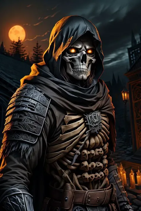 bandit skeleton , background is mausoleum gate during dusk (llustration | cinematic still | magical portrait)
