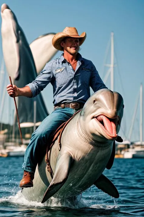 RAW photo,1man,cowboy riding a dolphin,harbour,8k, dslr, raw photography, soft lighting, sharp focus, <lora:more_details:0.7>