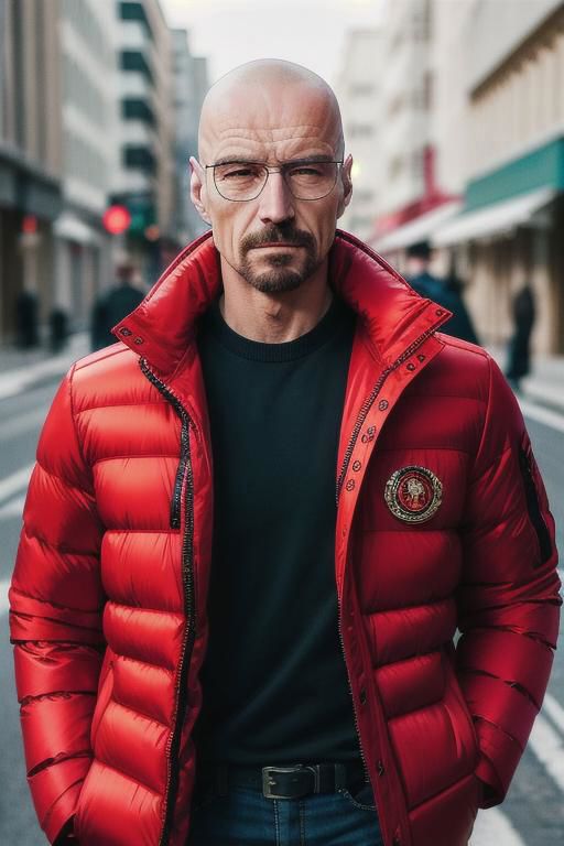 A man in a red jacket and glasses standing on a street - SeaArt AI