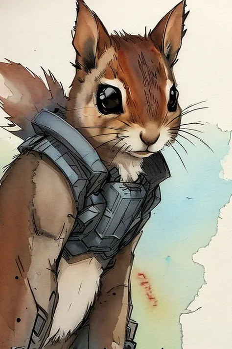 <lora:Mechanimals:0.8>, sketch, ink and watercolor artwork, a cyber squirrel