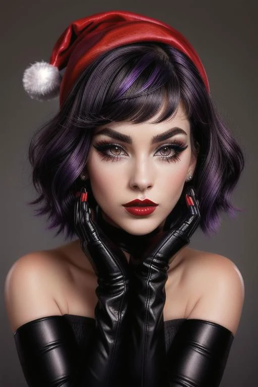 A highly detailed photograph of Dusty in a Santa hat, a woman with light purple hair, sharp bob cut, tucked behind one ear, dazzling grey eyes, high prominent cheekbones, tone cheeks, sharp jawline, in a form-fitting outfit, (dynamic pose), angry gorgeous goddess, beautiful woman model, wearing christmas dress, very beautiful top model, thighhigh stockings, black knee high boots, black gloves, (bold thick eyebrows:1.2), (mascara:1.15), (eyeliner:1.3), (dark eyeshadow:1.35), (a dab of white at the inner corner of the eye1.4), (red glossy lipstick:1.3), looking towards the camera, emylie boivin, jaidenanimations