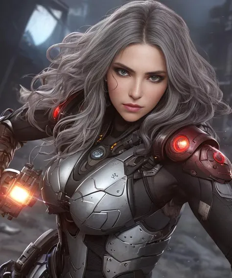 Ugandan 1girl, gray hair, beach waves hair, purple eyes, medium breasts, toned, style-rustmagic, portrait, solo, half shot, looking at viewer, detailed background, detailed face, (militaristic authoritarian dictatorship theme:1.1), cyborg assassin, saboteur, wearing light armor, tactical belt, wounds, head-up display, advanced weapon, serious face, dynamic movement, power-cell, glowing dark red lights, ruined building in background, bokeh, intense armosphere, BREAK ((photorealistic), realistic face, medium breasts), beautifully detailed woman, realistic face, detailed mouth, extremely detailed eyes_and_face, beautiful attractive face, beautiful detailed eyes, pronounced feminine feature, matte eyeshadow, eyelashes, eyeliner, perfect body, smooth skin BREAK color HD photo, Hard Lighting, (full body, high quality photo, masterpiece), HDR, 8K resolution, analogue RAW DSLR, best quality, absurdres, vivid vibrant colors, skin pores, intricate detail, (intricately detailed face_and_eyes), realistic human hands, sophisticated detail, (realistic lighting, sharp focus), centerfold, bokeh, official art, 8k wallpaper, ultra high res, professional photography