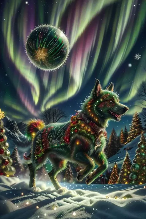 running giant green dog, christmas balls on fur, side view, dynamic, cartoon, sparkles, detailed, masterpiece, vibrant, intricate details, northern lights, ChristmasWintery