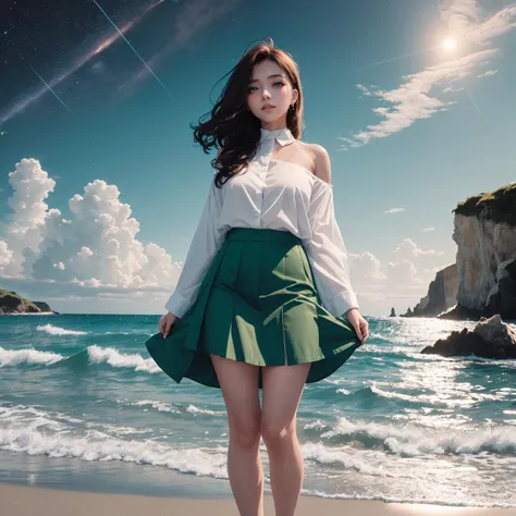 (white background:1.5), (isometric:1.0), high quality fingers, normal hands, detailed fingers, masterpiece, (22 years old woman), medium breast, small waist, brown flowing hair glamour, (green glowing eyes), beautiful face, perfect illumination, beautiful detailed eyes, looking at viewer, stunningly beautiful woman, detailed hairstyle, (ocean, sea waves, water splashes, sky, light particles, butterflies, night, starry sky), ((wearing flowing skirt and over-sized shirt with shoulders showing)), (((body illumination:1.5))), ((full body shot, standing)), <lora:GachaSplash4:1:Gacha>