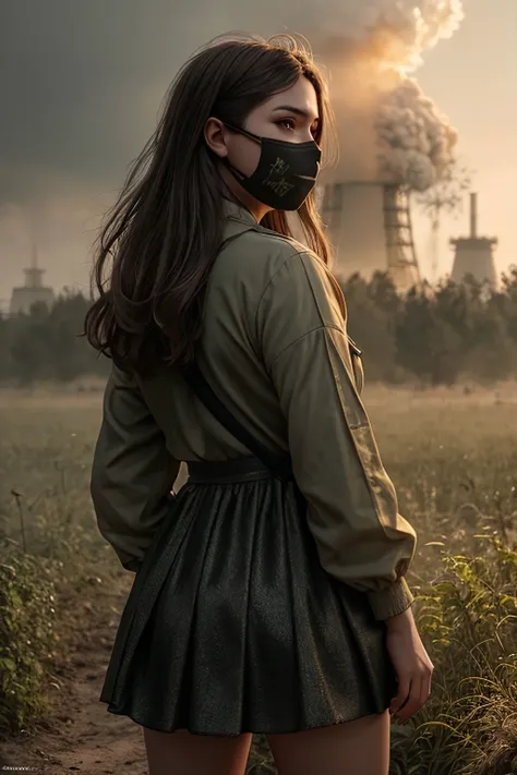Chernobyl, a woman, Chernobyl Nuclear Power Plant sarcophagus, the sarcophagus, devastation, It stands in an overgrown park, radiation particles are flying in the air, wearing a radiation mask, short skirt, dynamic clothes, close-up, dynamic hairstyle, red sky, unique highly detailed complex masterpiece, perfect composition, artistic photography, photorealistic concept art, soft natural volumetric cinematic perfect light, award - winning photograph, masterpiece, intricate details, 8k texture, rich texture details, extremely detailed, ultra high quality model, trending on artstation, trending on 500px