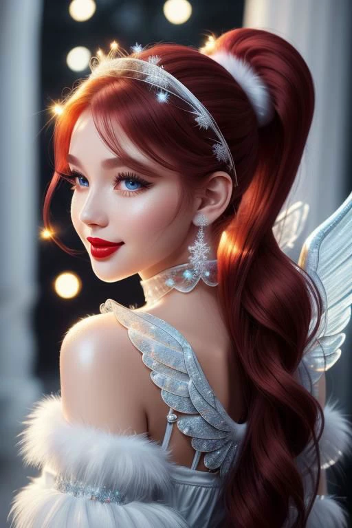 frostedstyle, (full body, full length shot:1.3), professional image of a cute angel woman, (frilly elegant satin Christmas full length princess gown, puffy sleeves, brooch, earrings, Christmas accessories), (angelic wings, angel:1.3), (long hair covering ears, ponytail, hair above cheeks, brown hair with red hairtips, gradient hair, multicolored hair:1.2), (blue eyes, happy smile, innocent, cheerful, perfect face:1.2), (hair covering ears:1.3), (glossy red lipstick, long eyelashes, blush:1.3), (shiny clothing, satin fabric:1.1),
(intricate mansion background, bright mansion, bright red furniture, bright red carpet, Christmas decorations:1.2), (sparkles, sparkling clothes, sparkling eyes:1.3),
(absurdres, incredibly absurdres, huge filesize, High quality texture, physically-based rendering, Ray tracing, octane render, sharp focus, (8k), (4k), (Masterpiece), (Best Quality), extremely detailed, intricate, hyper detailed, high resolution, sharp detail)