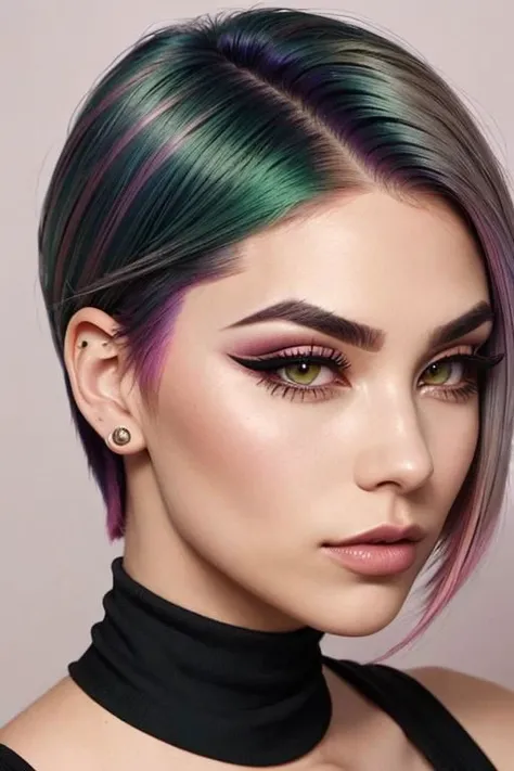a woman with (two-toned hair:1.35), (gradient hair), (dark green hair) fading to (pink hair), beautiful grey eyes, sharp bob cut, tucked behind one ear, high prominent cheekbones, sharp jawline, an oval face with thick pouty lips (bold thick eyebrows:1.2), (mascara:1.15), (eyeliner:1.3), (eyeshadow:1.35), looking towards the camera, emylie boivin, jaidenanimations