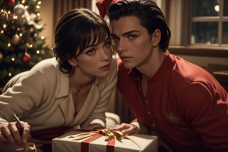 Receiving Christmas presents, film still from Goodfellas, photorealistic, 35mm, intricate details, hdr, intricate details, hyperdetailed, natural skin texture, hyperrealism, sharp,