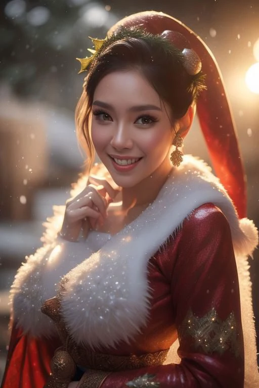 (Winter, snow, Christmas:1.4), dramatic light,bella ranee,thai dress , smile, detailed background, Depth of Field, volumetric light, crisp focus, Absurd, realistic proportions, good anatomy, big chest, (Realistic, hyperrealistic:1.4), HDR 16K,
