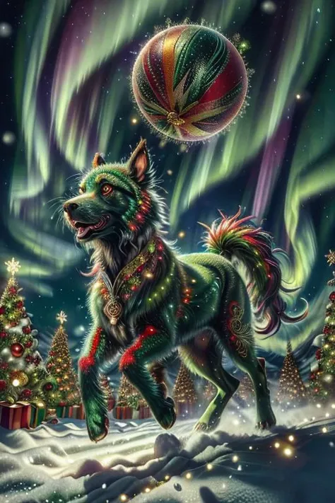 running giant green dog, christmas balls on fur, side view, dynamic, cartoon, sparkles, detailed, masterpiece, vibrant, intricate details, northern lights, ChristmasWintery