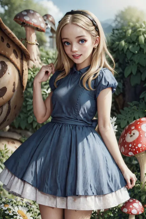 absurdres, 1girl,medium breast, star eye, blush, (realistic:1.5), (masterpiece, Extremely detailed CG unity 8k wallpaper, best quality, highres:1.2), Masterpiece, absurdres, fine detail, HDR, highly detailed face and eyes, photorealistic,(ultra_detailed), ,(detailed background),detailed landscape,UHD:1.2),distinct,beautifull light,(highly detailed:1.2),(detailed face:1.2), (detailed landscape), daylight, (huge mushroom), vegetation:1.2), (1girl:1.4) looking at viewer, unreal engine, perfect face, detailed face, perfect body, detailed beautiful eyes, pretty face, (bright skin:1.4 smile,perfect skin,,(wide angle:1.3),(full-body-shot:1),(surprised face:1.3),
(AliceWonderlandWaifu:1), cute, smile,(dress:1.2), sexy pose, looking at viewer,bright blue eyes,smile,
(looking at camera:1.6),
<lora:Anya Joy:0.5>, ,(smile), , beautiful petite_doll,,perfect petite_doll face, perfect petite_doll body,
<lora:petite_doll:0.5>,<lora:aliceInWonderlandDisney_v10:0.5>