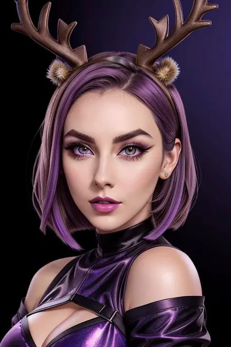 a woman with purple hair, beautiful grey eyes, sharp bob cut, tucked behind one ear, high cheekbones, sharp jawline, wearing a yellow dress, angelawhite, amouranth as a super villain, amouranth, jessica nigri, bust shot, lola bunny fanart, jessica nigri face!!, violet yers, better known as amouranth, mika pikazo, (bold thick eyebrows:1.2), (mascara:1.15), (eyeliner:1.3), (eyeshadow:1.35), stup1dantl3rs, fake antlers, looking towards the camera, emylie boivin, jaidenanimations, dark blue gradient background