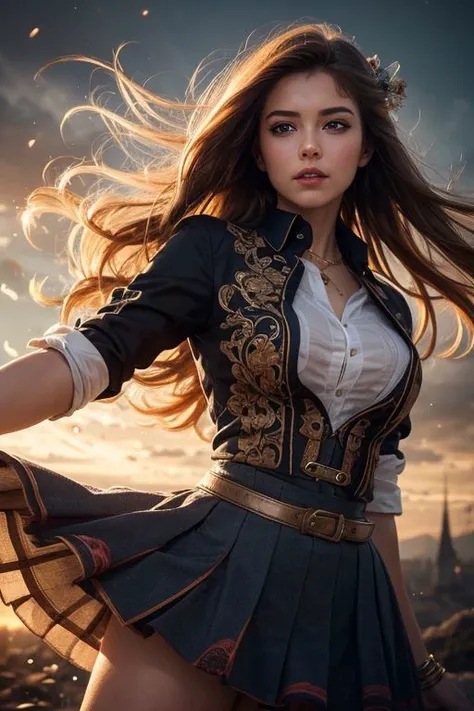 photorealistic, 35mm, intricate details, hdr, intricate details, hyperdetailed, natural skin texture, hyperrealism, sharp, 1 girl, adult (elven:0.7) woman, blue eyes, chestnut layered hair, looking down, solo, (dynamic pose), detailed background, magic school uniform, magic atmosphere, hair flowing in the wind, red trimmed light colored clothes, whirlwind of swirling magic spell in the air, dark magic, (style-swirlmagic:0.8), floating particles,