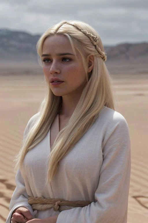 (topheavy:1.4), 1woman, 18y old, Daenerys Targaryen, overflowing cleavage, narrow waist, wide hips, beautiful woman, long blond hair, blurry hair, wearing white sheer robe, standing in a desert, rain, beautiful detailed eyes, extremely detailed eyes and face, light on face, lovely, best quality, masterpiece, illustration, an extremely delicate and beautiful, extremely detailed ,CG ,unity ,8k wallpaper, Amazing, finely detail, masterpiece, best quality, official art, extremely detailed CG unity 8k wallpaper, ultra-detailed, highres, extremely detailed, (best quality), (realistic, photo-realistic:1.2), 8k, soft lighting, high quality, official art, extremely detailed CG unity 8k wallpaper, cinematic lighting