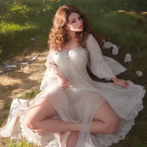 a woman reclining on a stone platform. She has long, wavy, brown hair cascading over the edge. The woman is dressed in a delicate, flowing pink dress with intricate lace and ruffles, which is revealing in nature, complemented by black lace garters and stockings. Her pose is relaxed, with one arm bent behind her head and the other resting on the platform. The background is a gradient of warm tones, transitioning from a soft orange to a pale yellow, giving the scene a warm, ethereal glow. The stone platform has a classical architectural design with square, recessed panels and a solid base.
