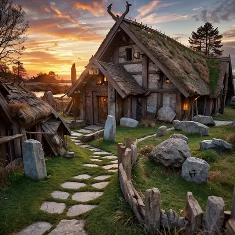 (masterpiece:1.2), (best quality,:1.2), 8k, HDR, ultra detailed, ((photorealistic)), perfect anatomy, professional light, cinematic lighting, fashion photography, ambient lighting,<lora:detail_slider_v4:2.5>, medieval viking village, houses with carved ornaments, standing stones with runes, ViVi, <lora:VikingVillage-10:1>,  epiCPhoto