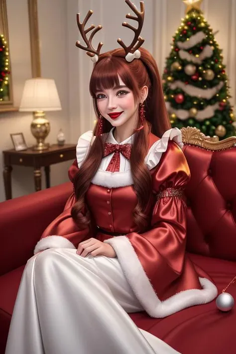 (full body:1.2), professional image of a cute reindeer woman, (frilly elegant satin Christmas full length princess gown, puffy sleeves, brooch, earrings, Christmas accessories), (reindeer antlers:1.3), (long hair covering ears, ponytail, hair above cheeks, brown hair with red hairtips, gradient hair, multicolored hair:1.2), (blue eyes, happy smile, innocent, cheerful, perfect face:1.2), (hair covering ears:1.3), (glossy red lipstick, long eyelashes, blush:1.3), (shiny clothing, satin fabric:1.1),
(intricate mansion background, bright mansion, bright red furniture, bright red carpet, Christmas decorations:1.2), (sparkles, sparkling clothes, sparkling eyes:1.3),
(absurdres, incredibly absurdres, huge filesize, High quality texture, physically-based rendering, Ray tracing, octane render, sharp focus, (8k), (4k), (Masterpiece), (Best Quality), extremely detailed, intricate, hyper detailed, high resolution, sharp detail)