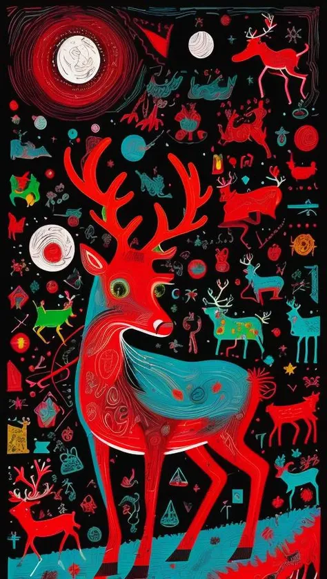 surrealistic, red reindeer, high quality, fantasy art, of a beautiful  reindeer, neon, <lora:TUYA5:0.9>, tuyawang, abstract, doodle art,