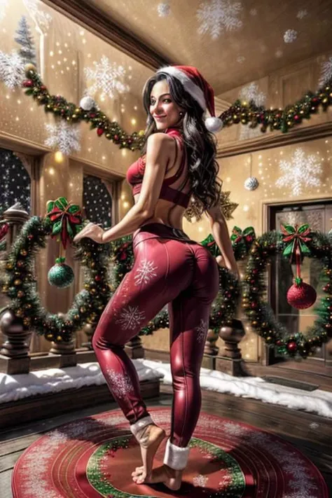 (masterpiece, best quality, absurdres, ultra high res, intricate details), 1girl, grey eyes, (onyx hair:1.15), shy smile, (fractal art:1.23), outdoors, (soft red yoga pants:1.3), (cameltoe:1.3), (small round ass:1.3), (various erotic pose:1.3), (sexy christmas outfit:1.45), winter background