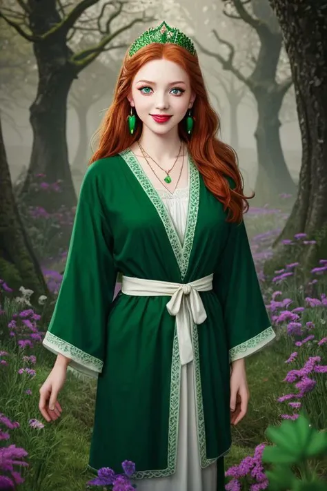 best quality,high resolution,extremely detailed CG, professional lighting,detailed face, a fairytale scene, St.Patrick's Day,1girl, 16 ,kawaii,pale skin, dark green eyes, ginger hair, makeup, earrings, green robe, clover necklace, ireland,green clover tiara,looking at viewer,sfw,smile,outdoor