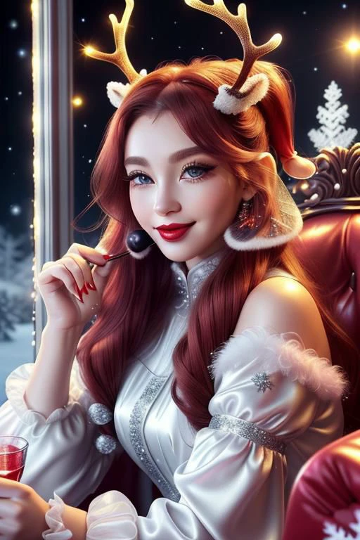 frostedstyle, (full body:1.2), professional image of a cute reindeer woman, (frilly elegant satin Christmas full length princess gown, puffy sleeves, brooch, earrings, Christmas accessories), (reindeer antlers:1.3), (long hair covering ears, ponytail, hair above cheeks, brown hair with red hairtips, gradient hair, multicolored hair:1.2), (blue eyes, happy smile, innocent, cheerful, perfect face:1.2), (hair covering ears:1.3), (glossy red lipstick, long eyelashes, blush:1.3), (shiny clothing, satin fabric:1.1),
(intricate mansion background, bright mansion, bright red furniture, bright red carpet, Christmas decorations:1.2), (sparkles, sparkling clothes, sparkling eyes:1.3),
(absurdres, incredibly absurdres, huge filesize, High quality texture, physically-based rendering, Ray tracing, octane render, sharp focus, (8k), (4k), (Masterpiece), (Best Quality), extremely detailed, intricate, hyper detailed, high resolution, sharp detail)