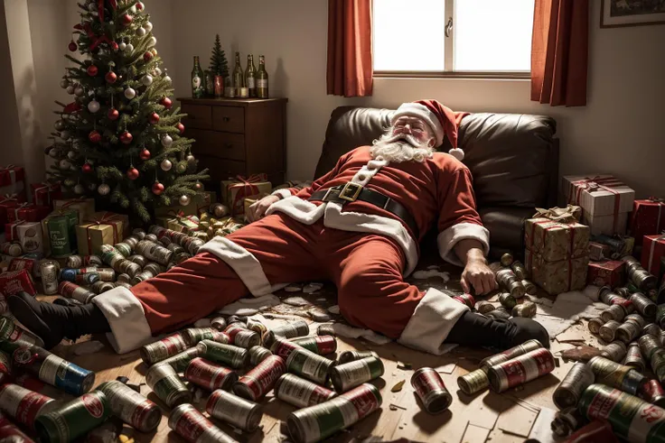 Drunk Santa, asleep on a huge pile of empty beer cans, messy room with Christmas tree, photorealistic, 35mm, intricate details, hdr, intricate details, hyperdetailed, natural skin texture, hyperrealism, sharp,