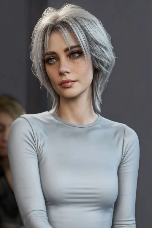 solo, from front, close-up view, 1girl, Danni, White hair, wolf cut, freckles, lips, looking at viewer, gray eyes, broad shoulders, short modern white dress, skinny, shortdr3ssng